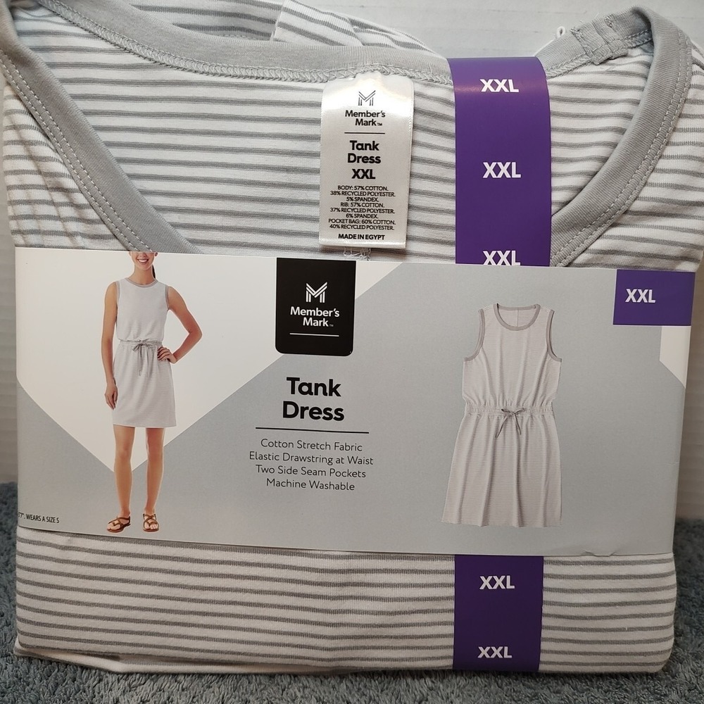 Women's Drawstring Sleeveless Tank Dress Sz XXL‎ Grey White Stripes Pockets